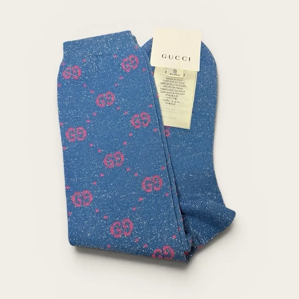 Gucci Blue Pink GG Logo Lurex Socks Size XL New With Tags Authentic Unisex